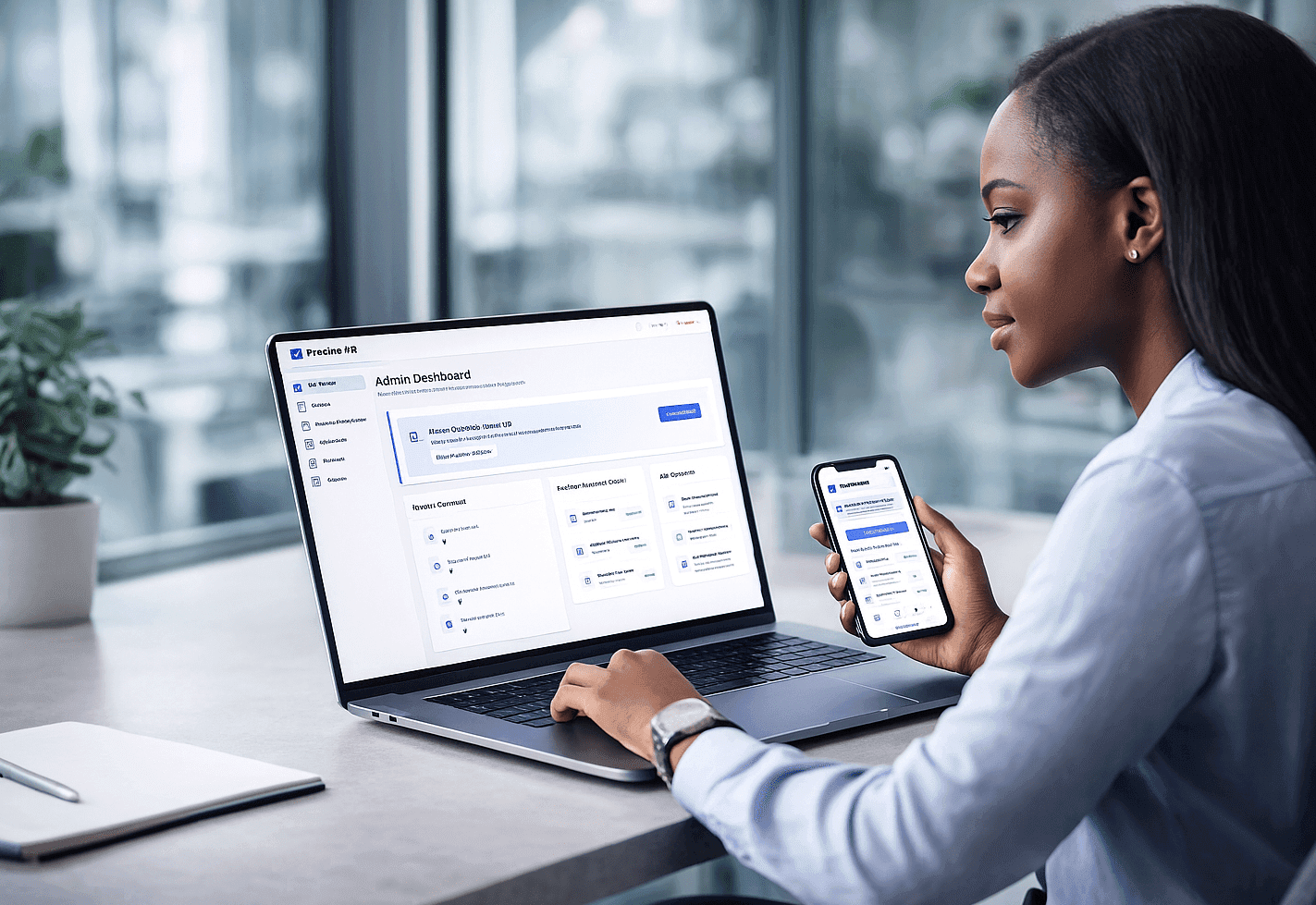 HR manager using Proxima HR on laptop and mobile